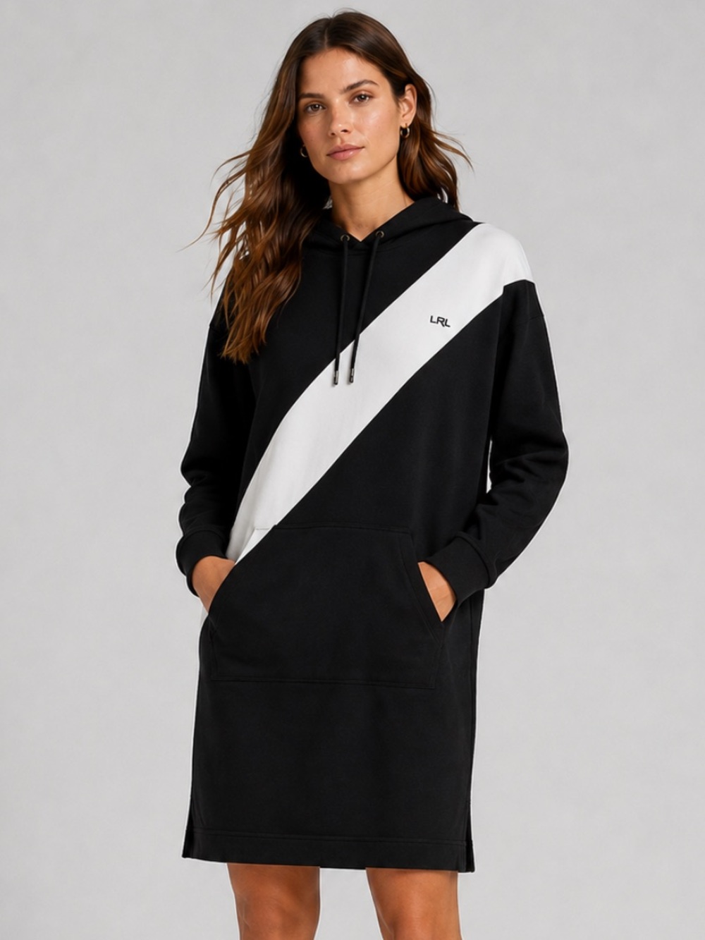 Ralph Lauren Black Label Sport Varsity Hooded Sweatshirt Dress in Black and Whit